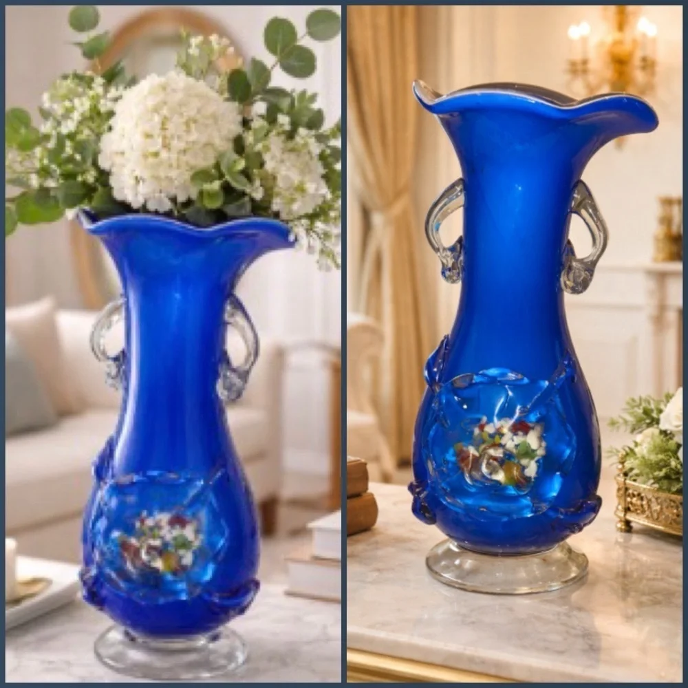 Vintage Hand Blown Confetti Fused Plum Blossom Cobalt Blue Glass MCM Vase 9.5”H
